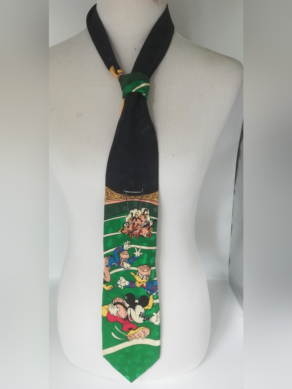 Disney Green and Black Tie with Cartoon Character Football Panel